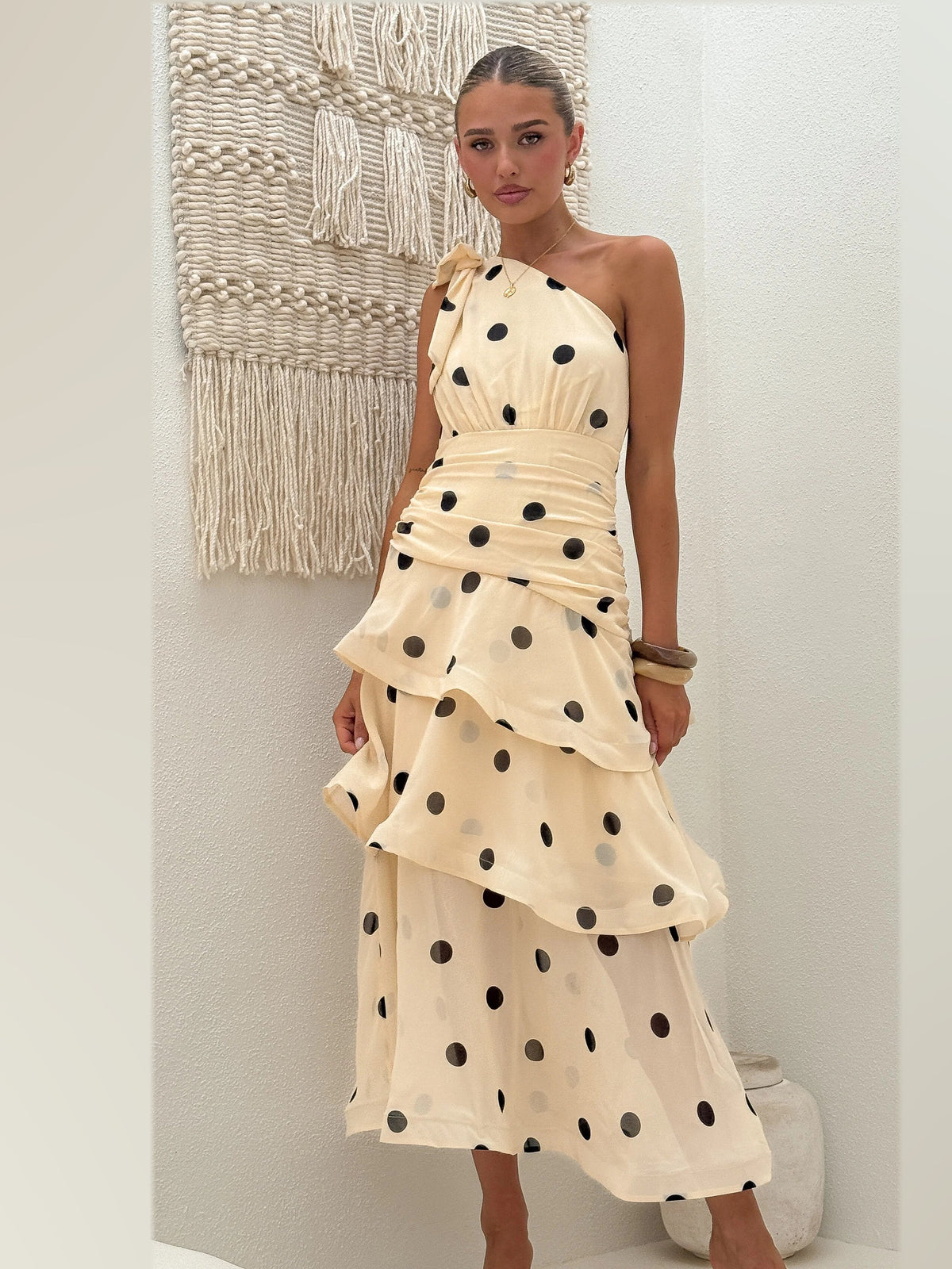 Cream Black Polka Dot maxi formal dress, alternate full-length view showing the skirt