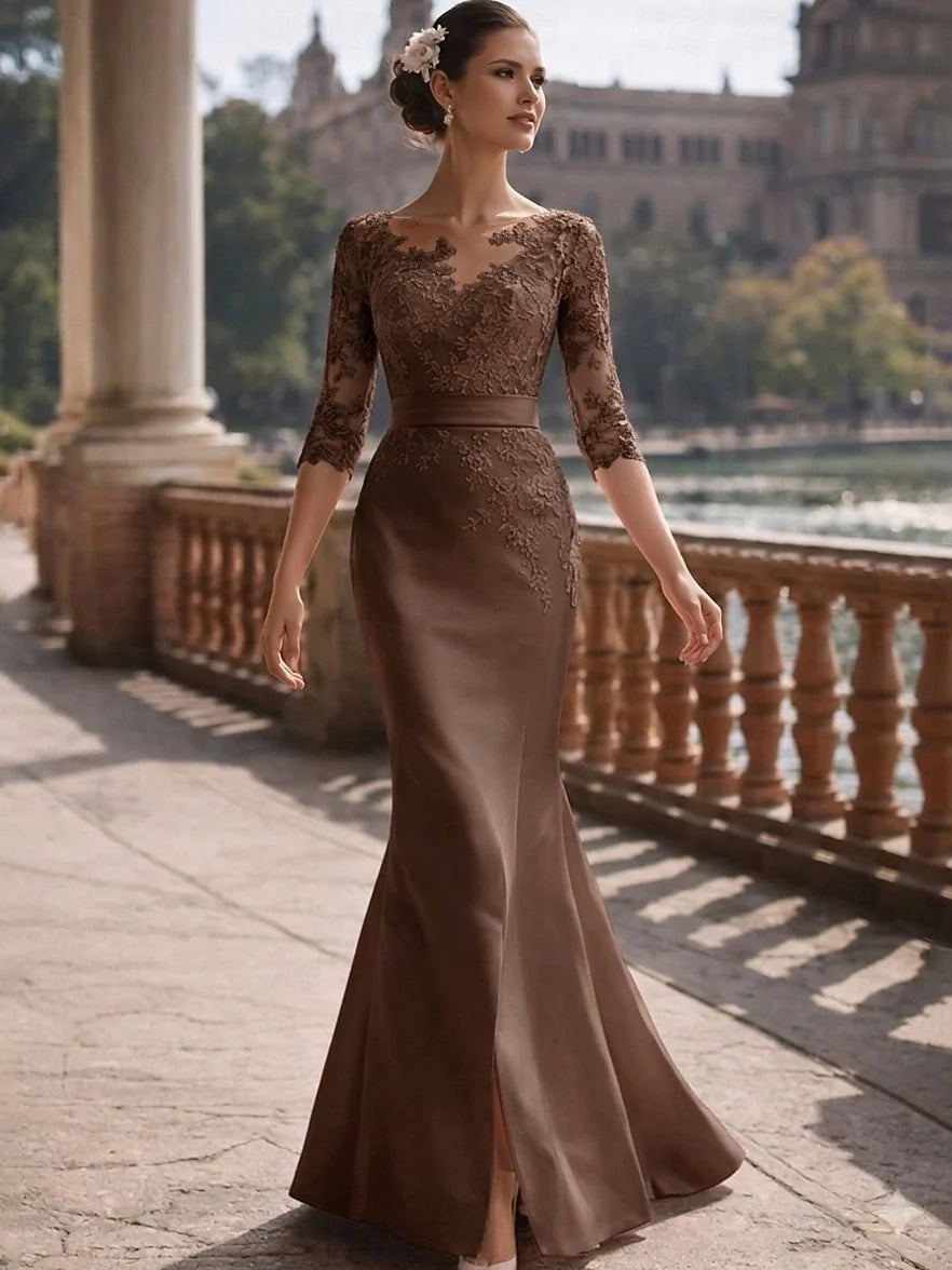 Chocolate satin mermaid gown with floral lace sleeves, V-neck, and front slit