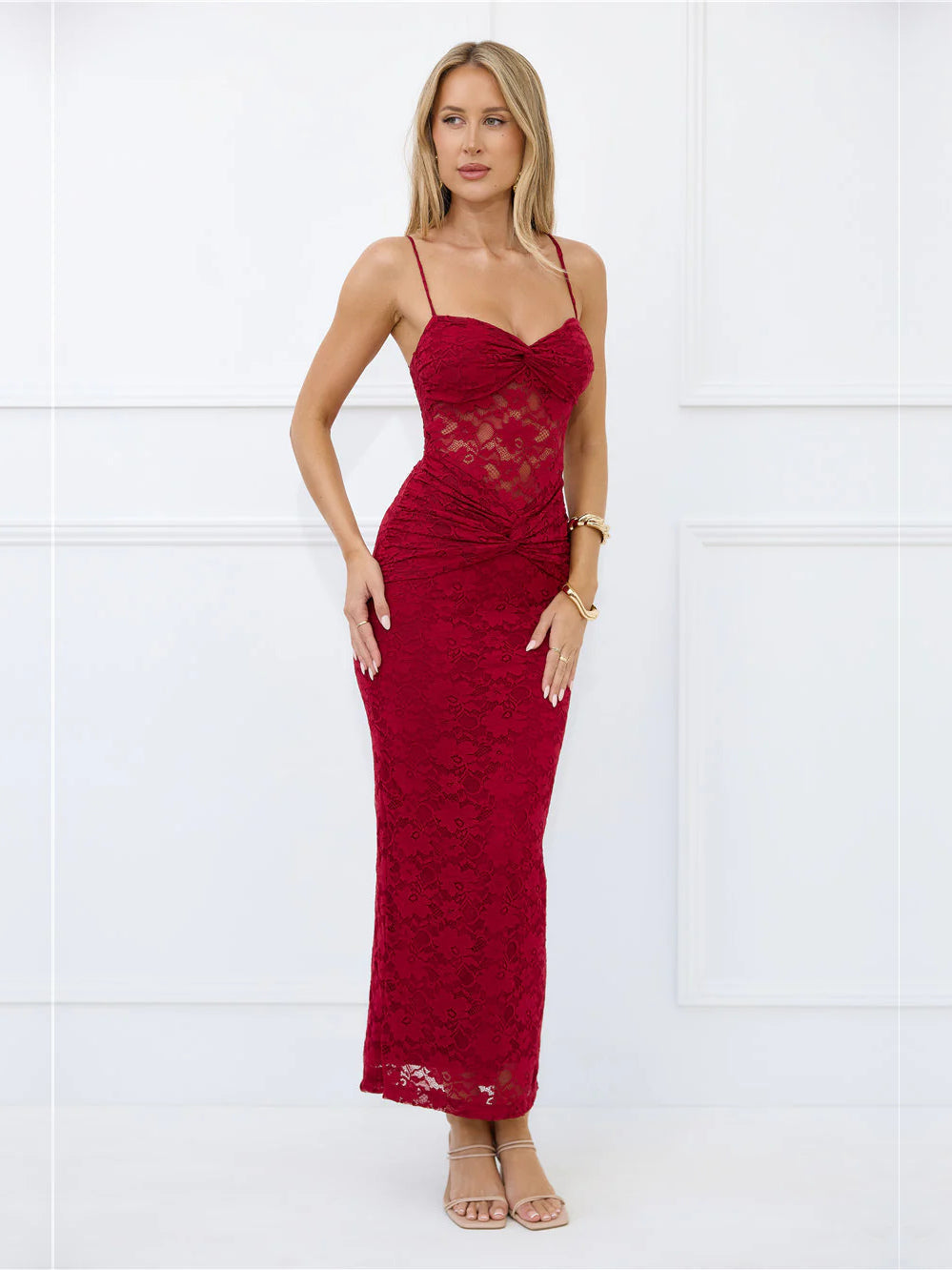 Burgundy sheath maxi formal dress with sheath, alternate view showing the waist