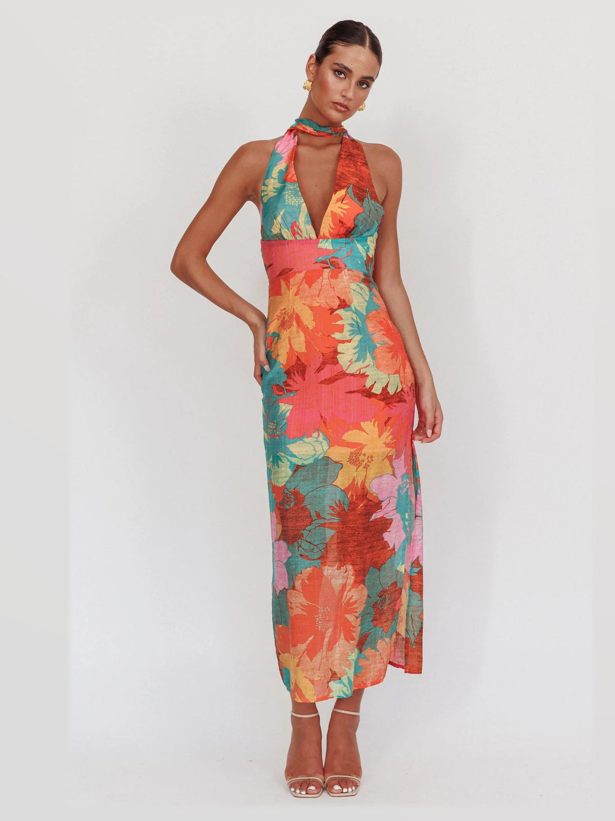 Pink maxi formal dress, alternate full-length view showing the skirt