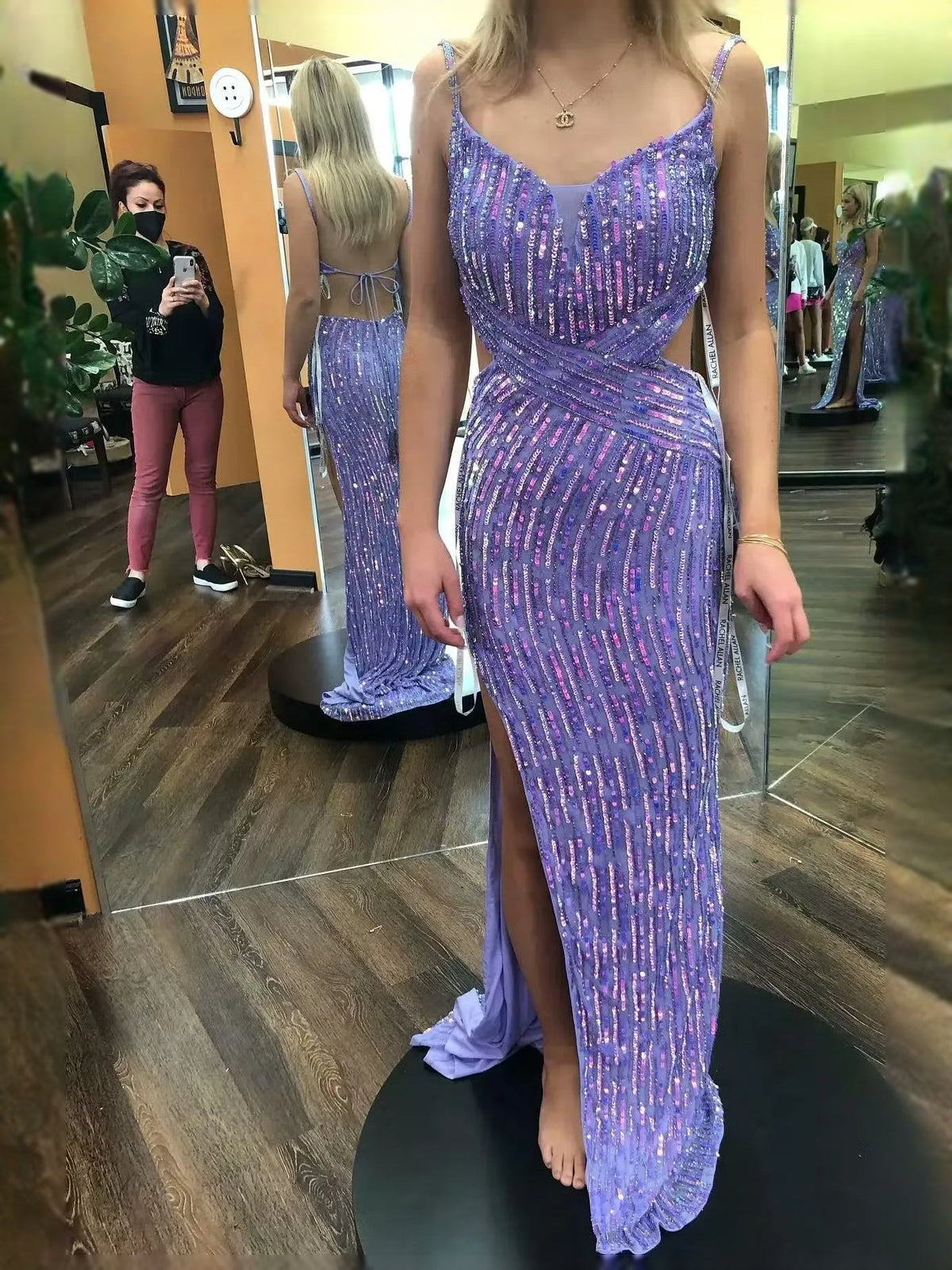 Lilac sequin sweetheart mermaid prom dress with thin straps and front slit