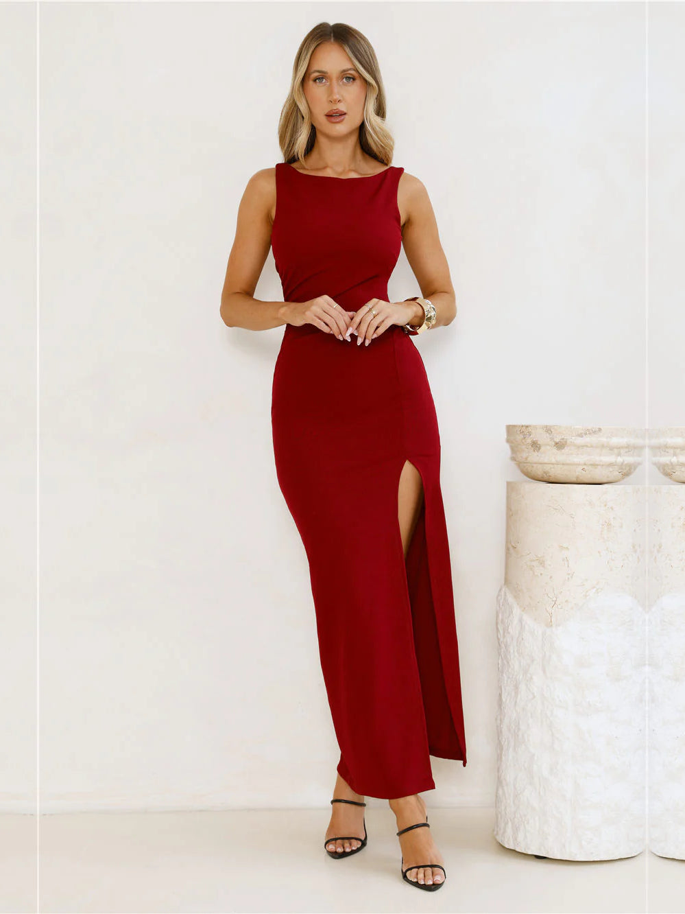 Burgundy sheath maxi formal dress with skirt slit, alternate view showing the waist