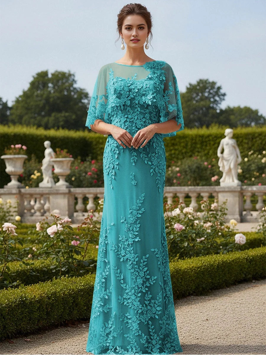 Jungle green tulle mermaid maxi dress with floral applique, bateau neckline, 3/4 sleeves