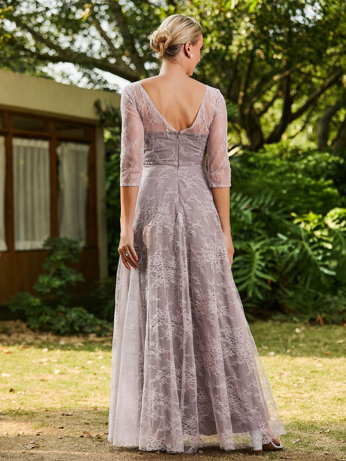 Lilac lace A-line maxi dress, back view with 3/4 sleeves and sheer overlay