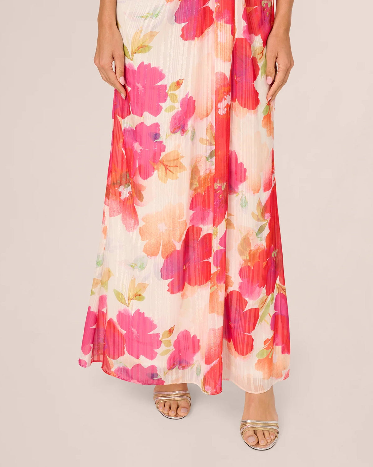 Floral maxi skirt with draped front, ivory base and pink/red bloom print