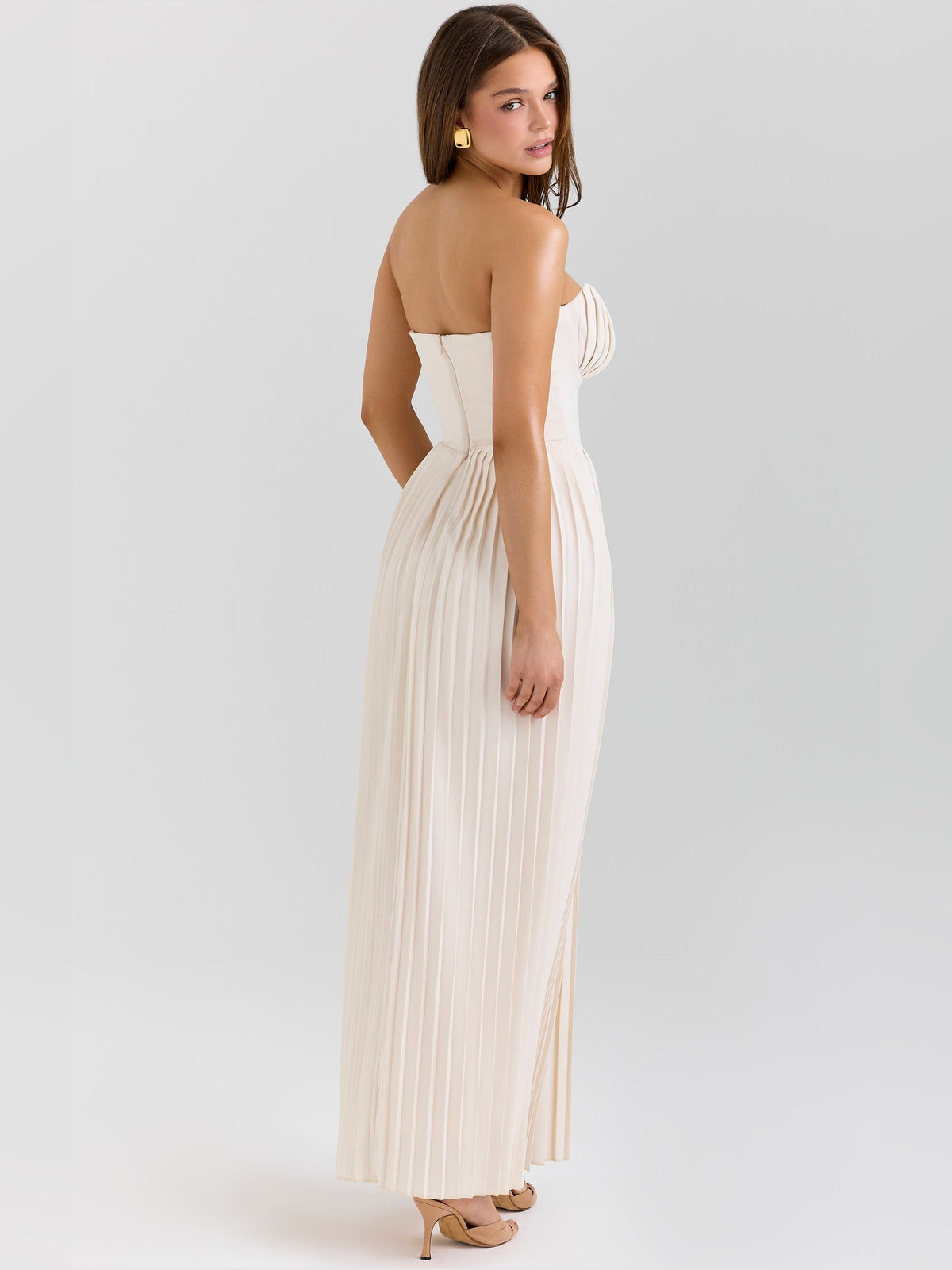 Ivory pleated maxi dress, spaghetti straps, open back view