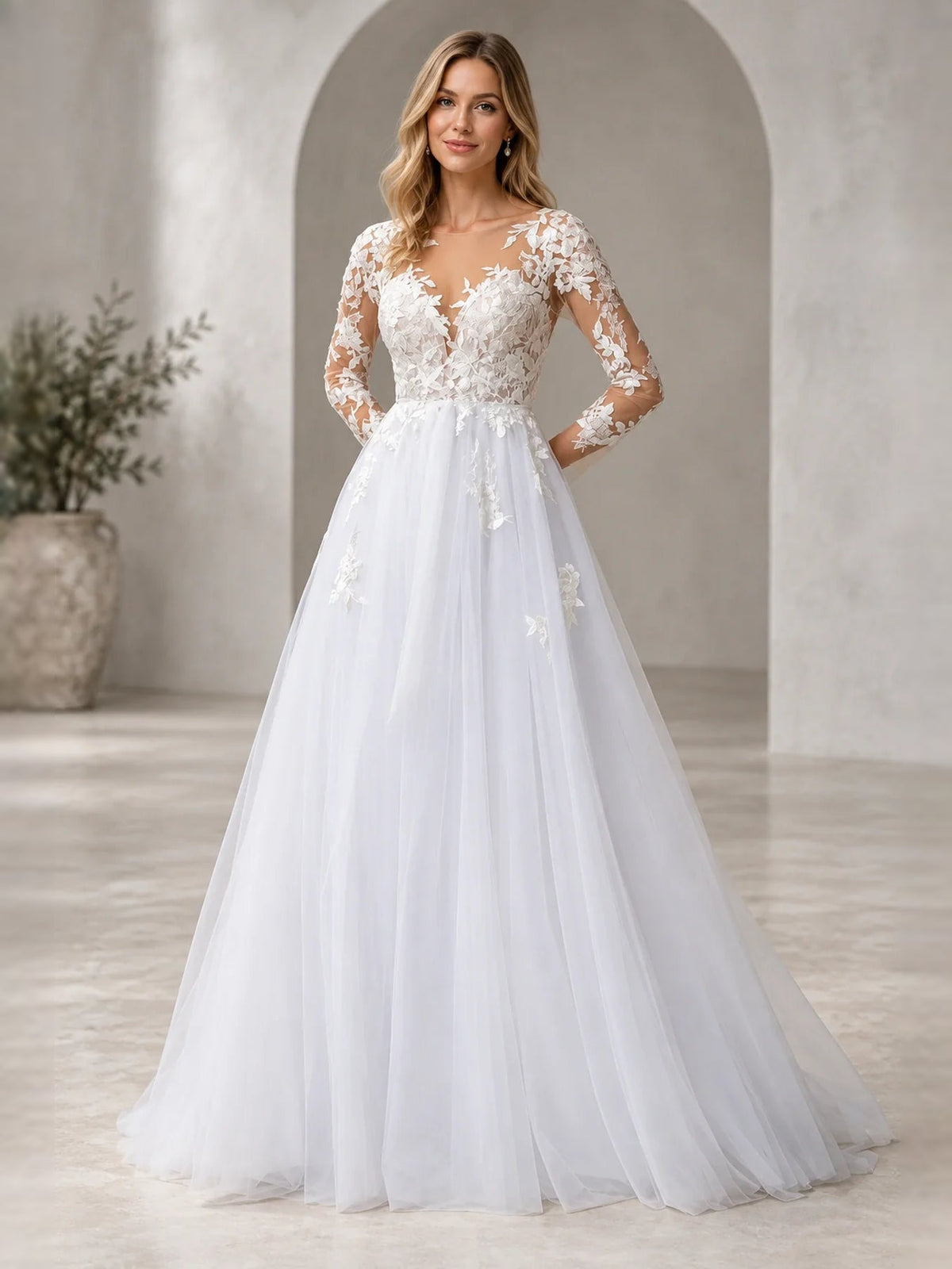White V-neck A-line wedding dress with layered tulle skirt and floral lace long sleeves