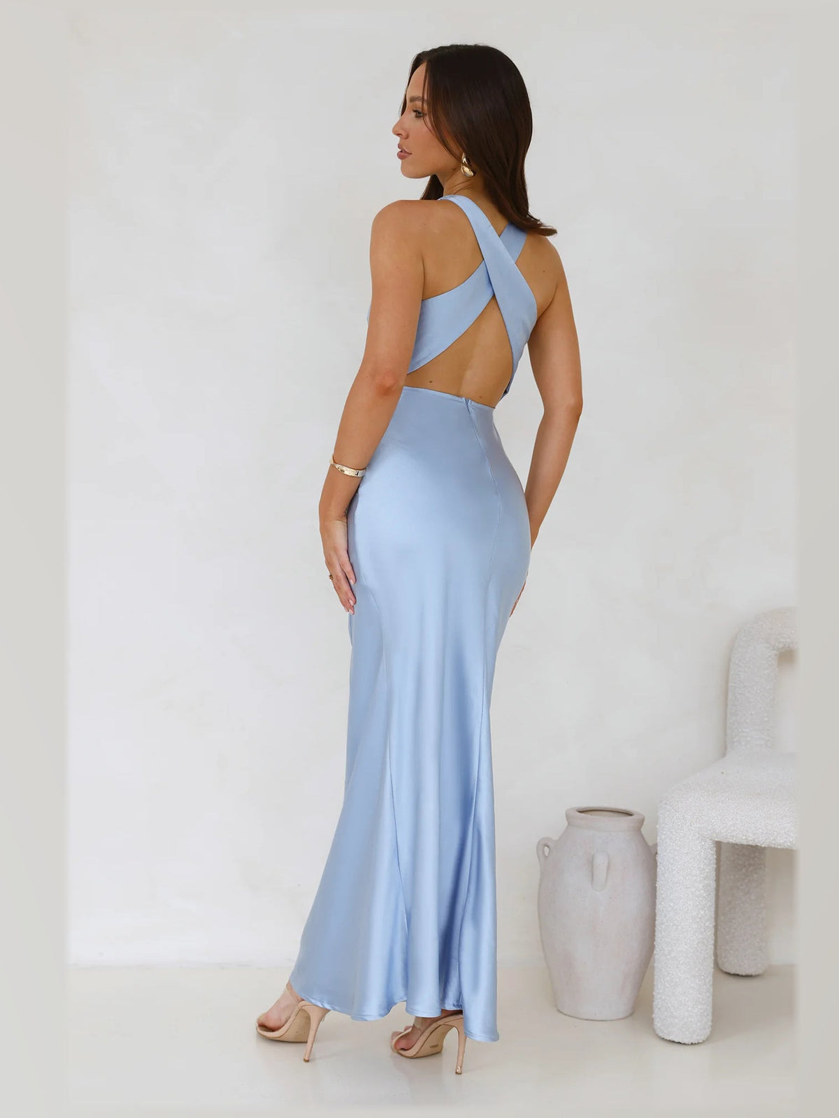 Blue formal dress with a-line detailing