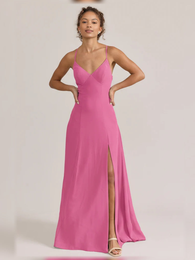 Hot pink V-neck A-line maxi chiffon bridesmaid dress with spaghetti straps and front slit.