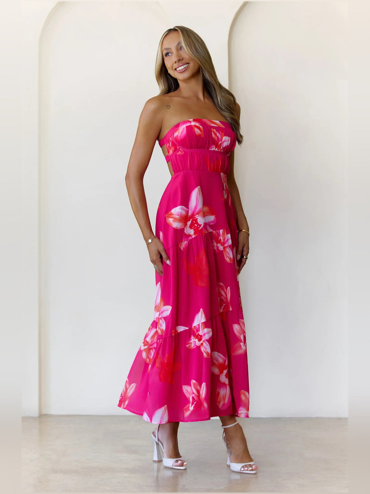 Pink a-line maxi formal dress with floral print, alternate view showing the waist