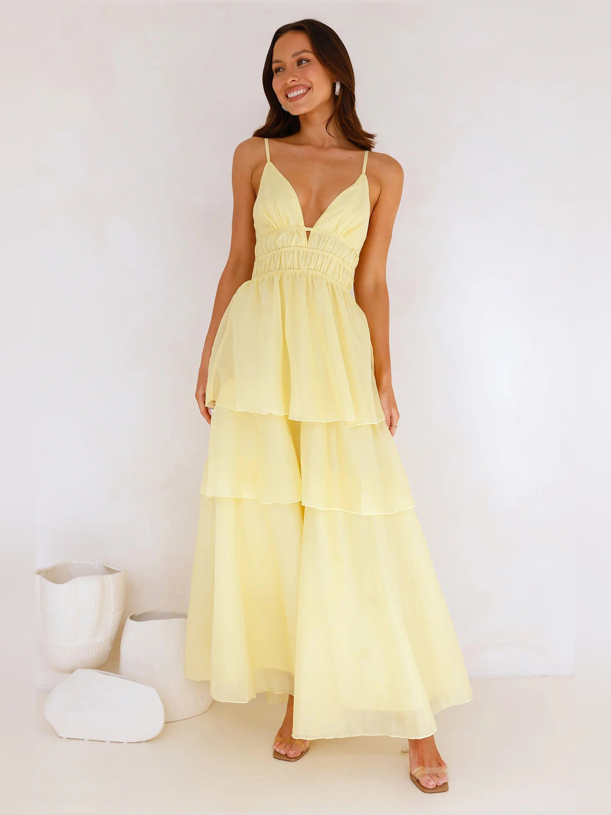 Yellow a-line maxi formal dress with cutout detail, alternate view