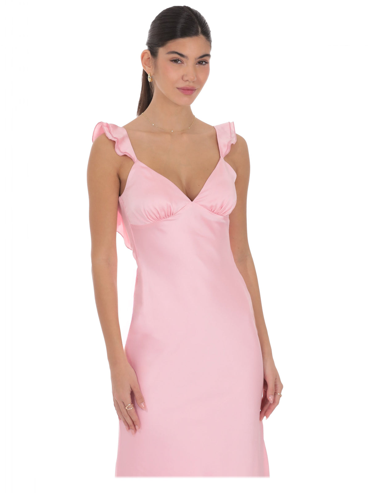Pink bridesmaid dress with ruffled detailing