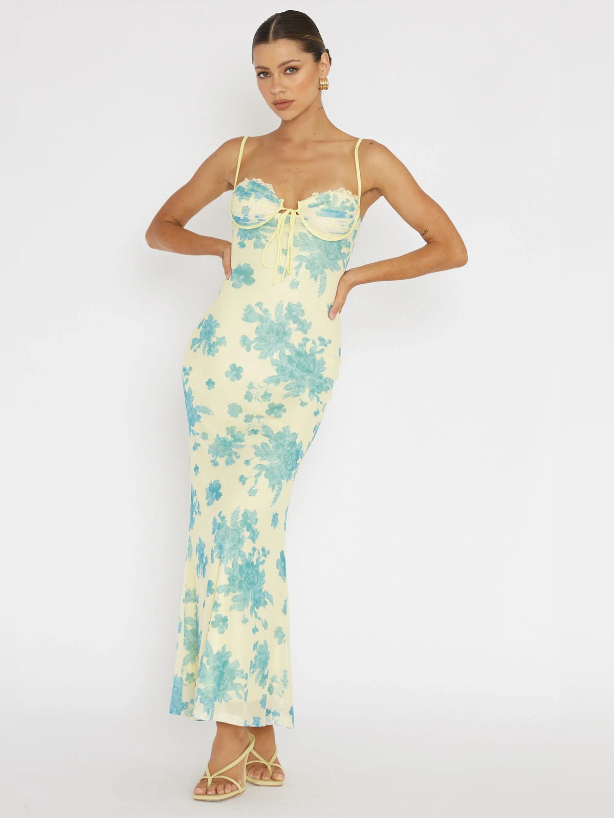 Yellow mesh midi formal dress with blue floral print, lace-trim sweetheart neckline, tie front