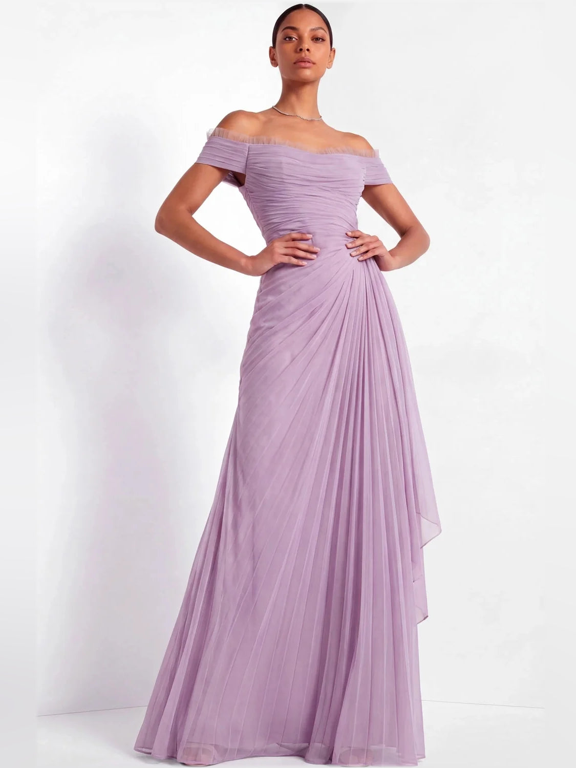 Lilac off-shoulder chiffon maxi dress with ruched bodice and long pleated drape