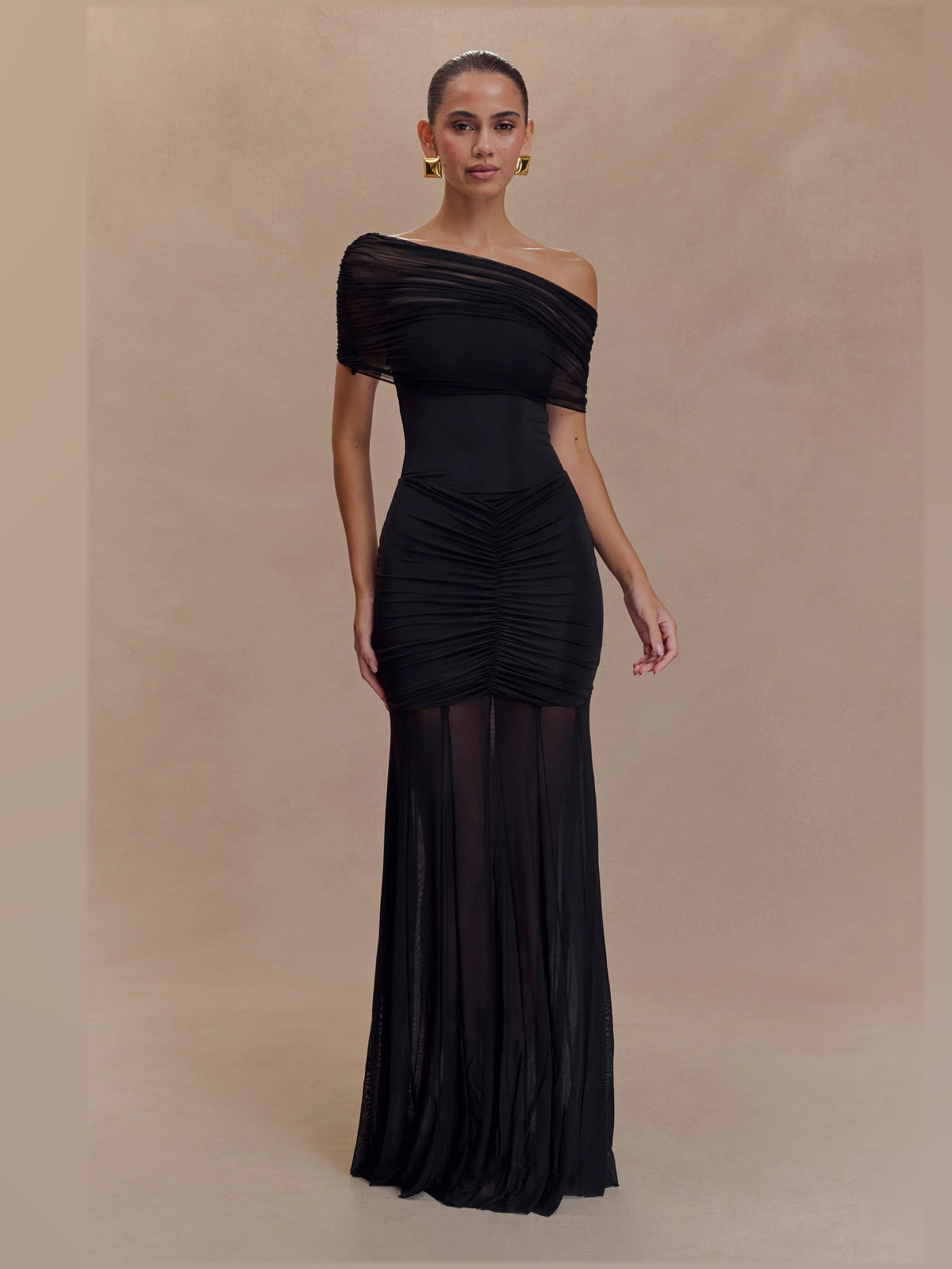 Black formal dress with a-line detailing