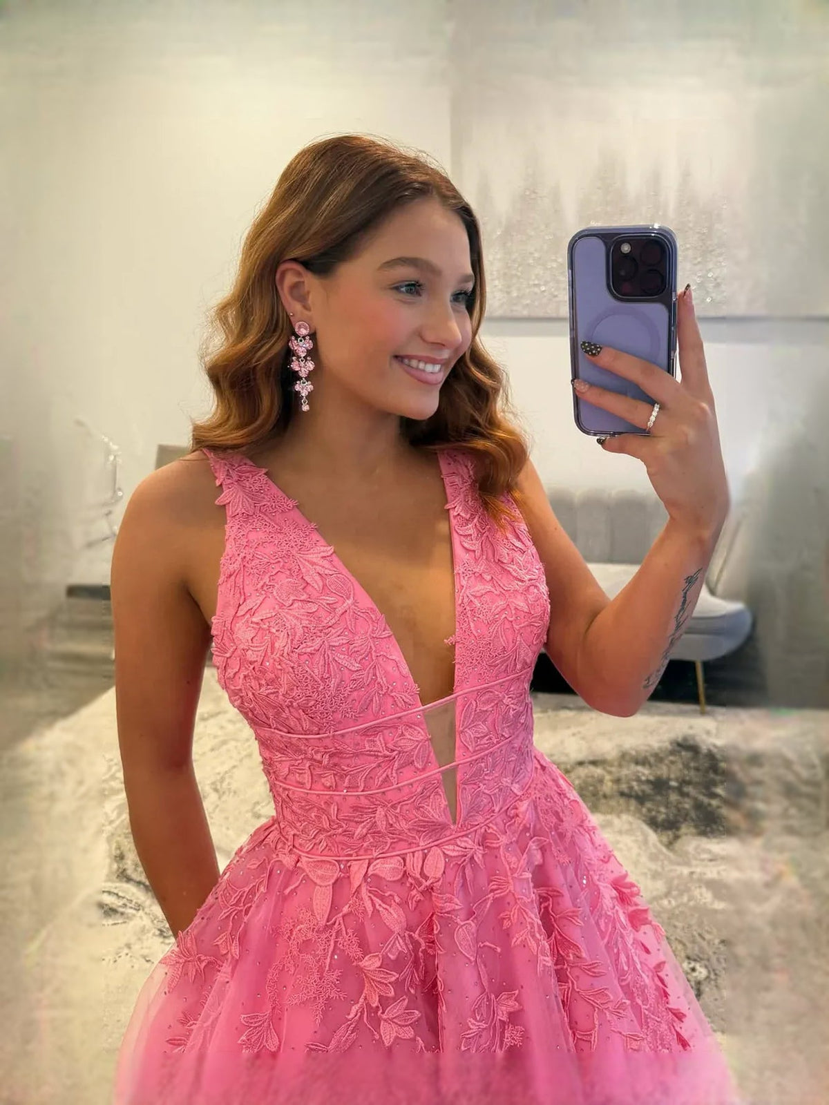 Pink V-neck lace bodice tulle prom dress with floral texture and A-line skirt