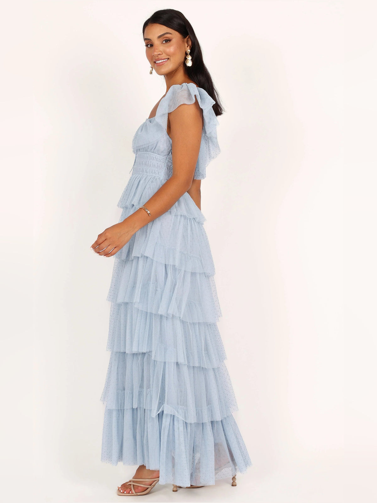 Blue a-line maxi formal dress with ruffle details, alternate full-length view