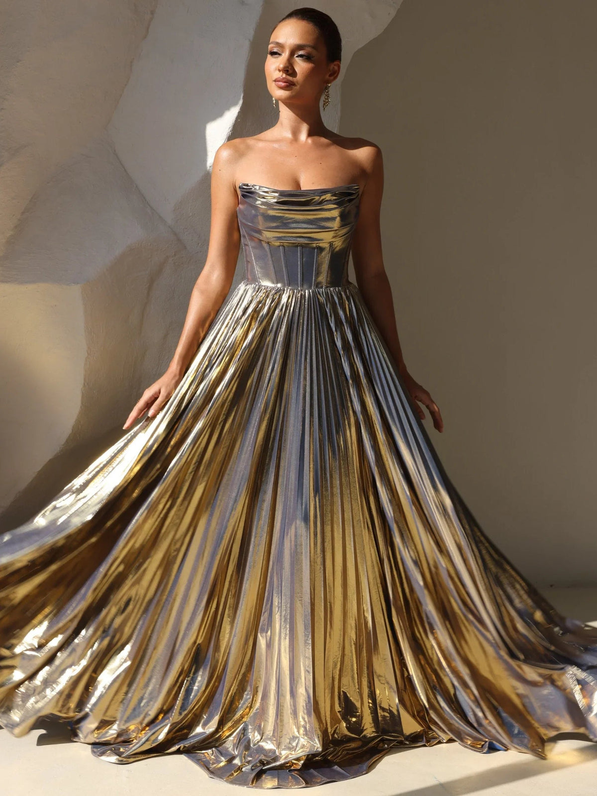 Gold metallic pleated striped floor-length formal dress, strapless corset bodice