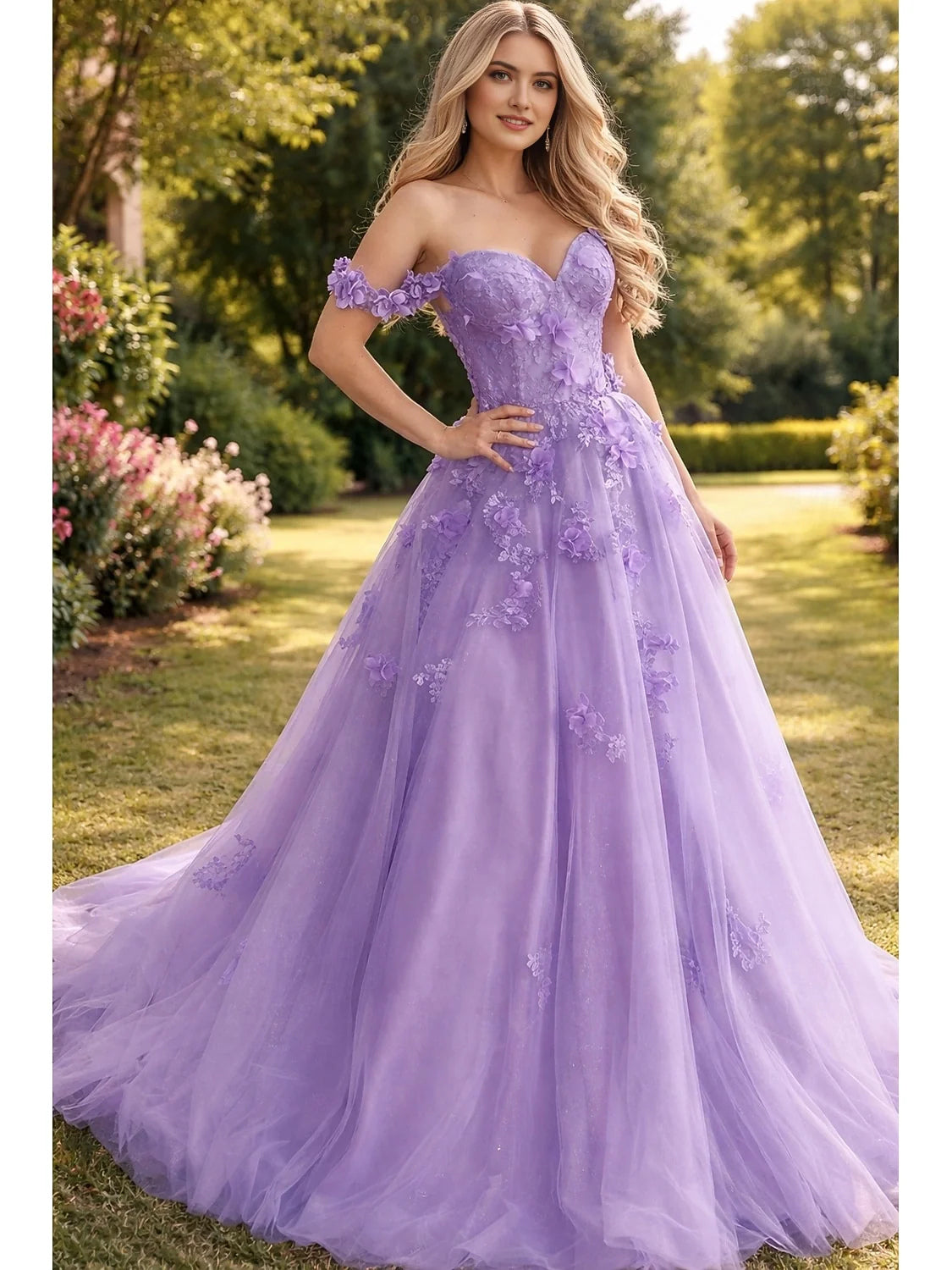 Purple off-shoulder sweetheart A-line tulle prom dress with floral appliqués