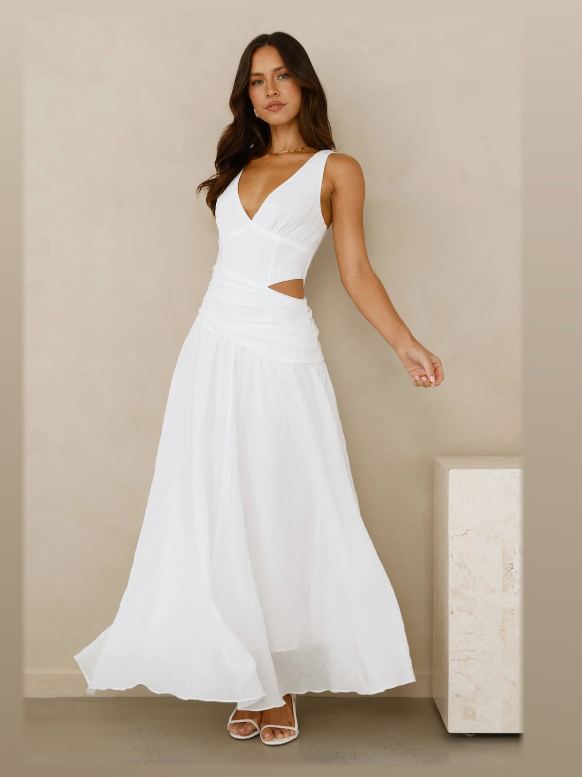 White formal dress with a-line detailing