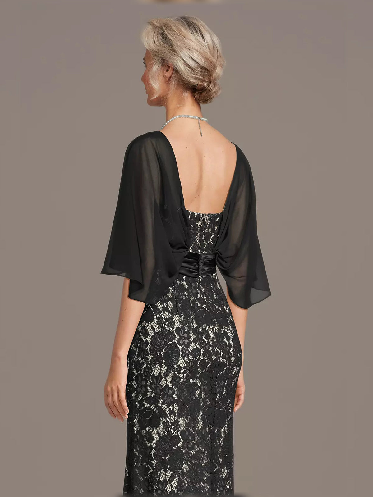 Black lace mermaid maxi dress back with sheer 3/4 sleeves and ruched satin waist