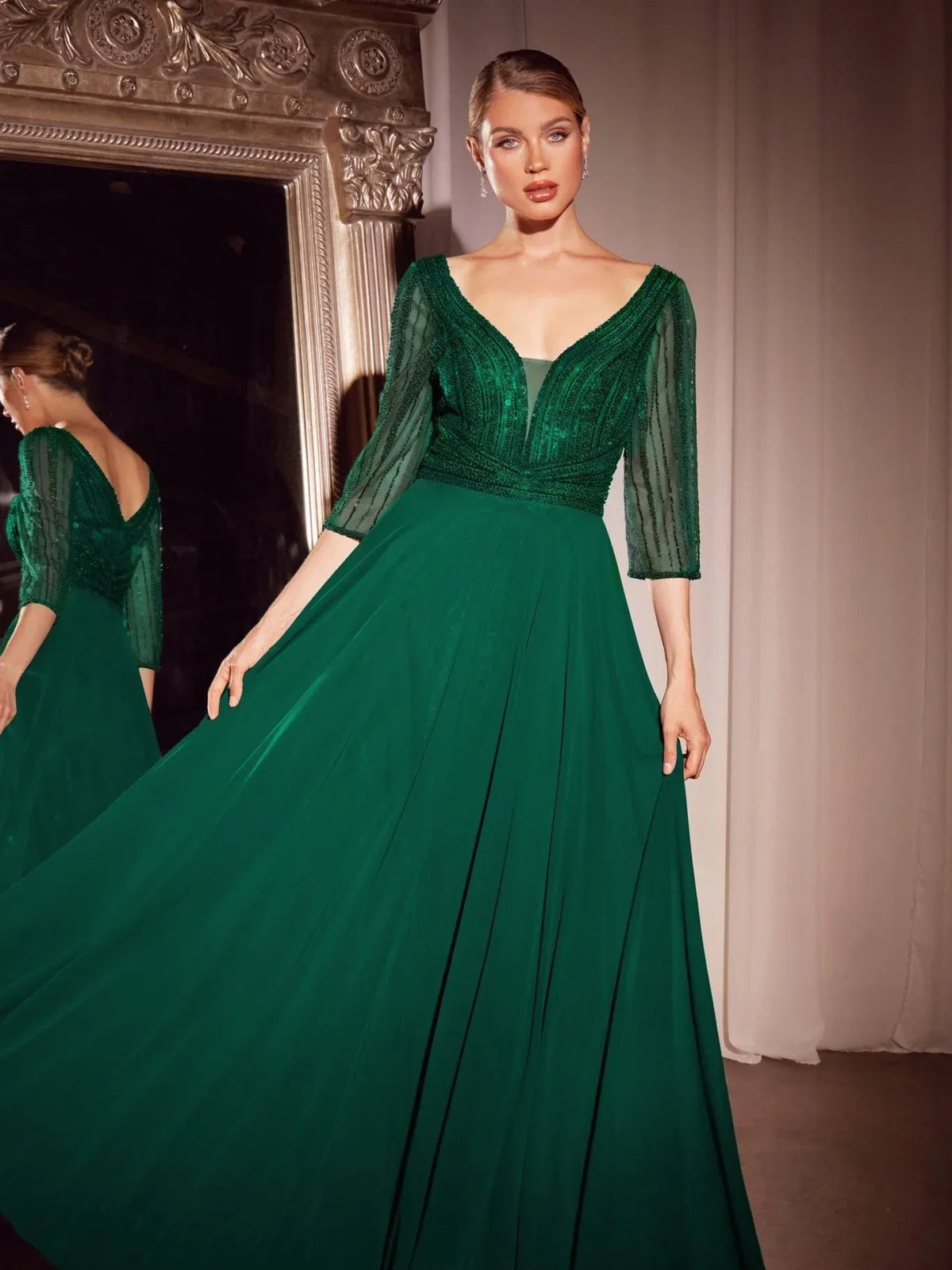 Emerald green V-neck chiffon A-line formal dress with textured beaded bodice, 3/4 sleeves