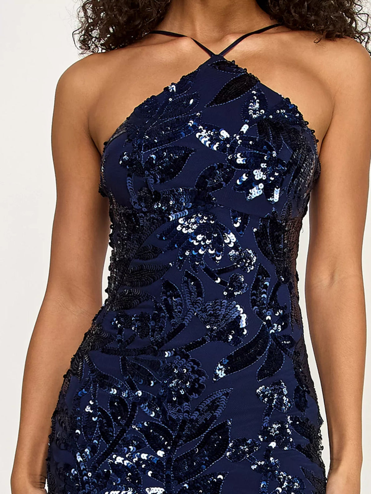 Navy sequin halter-neck dress bodice with floral embellishment and open-back straps