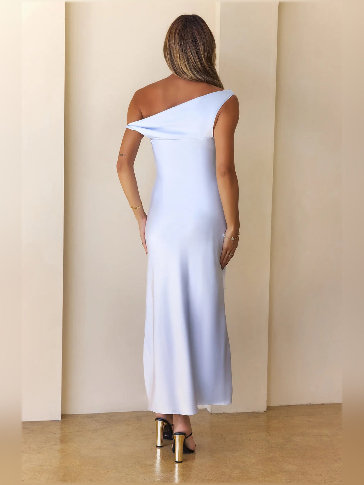 Light blue satin midi formal dress back view with off-shoulder neckline