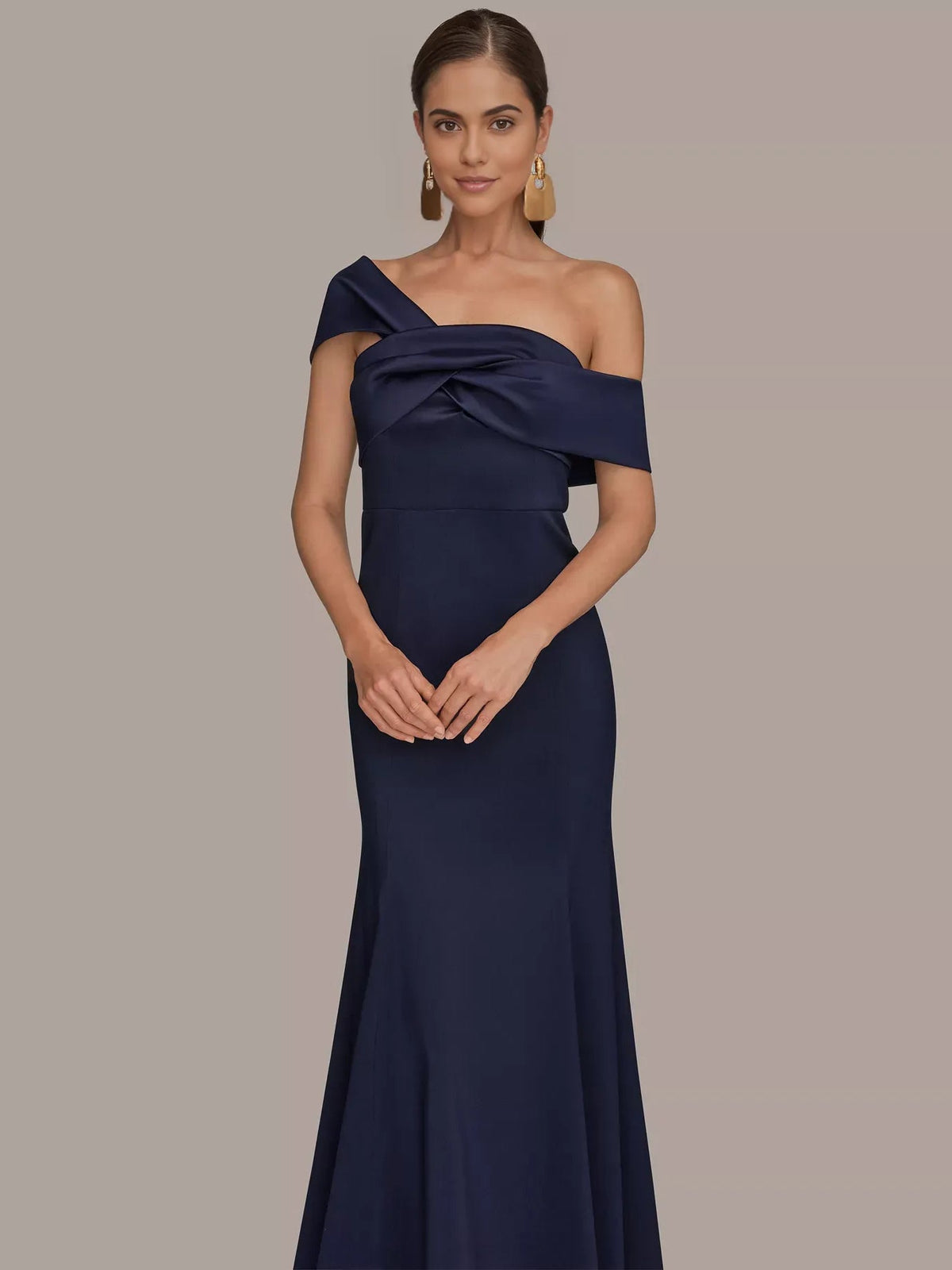 Navy one-shoulder satin mermaid formal dress with draped shoulder sash