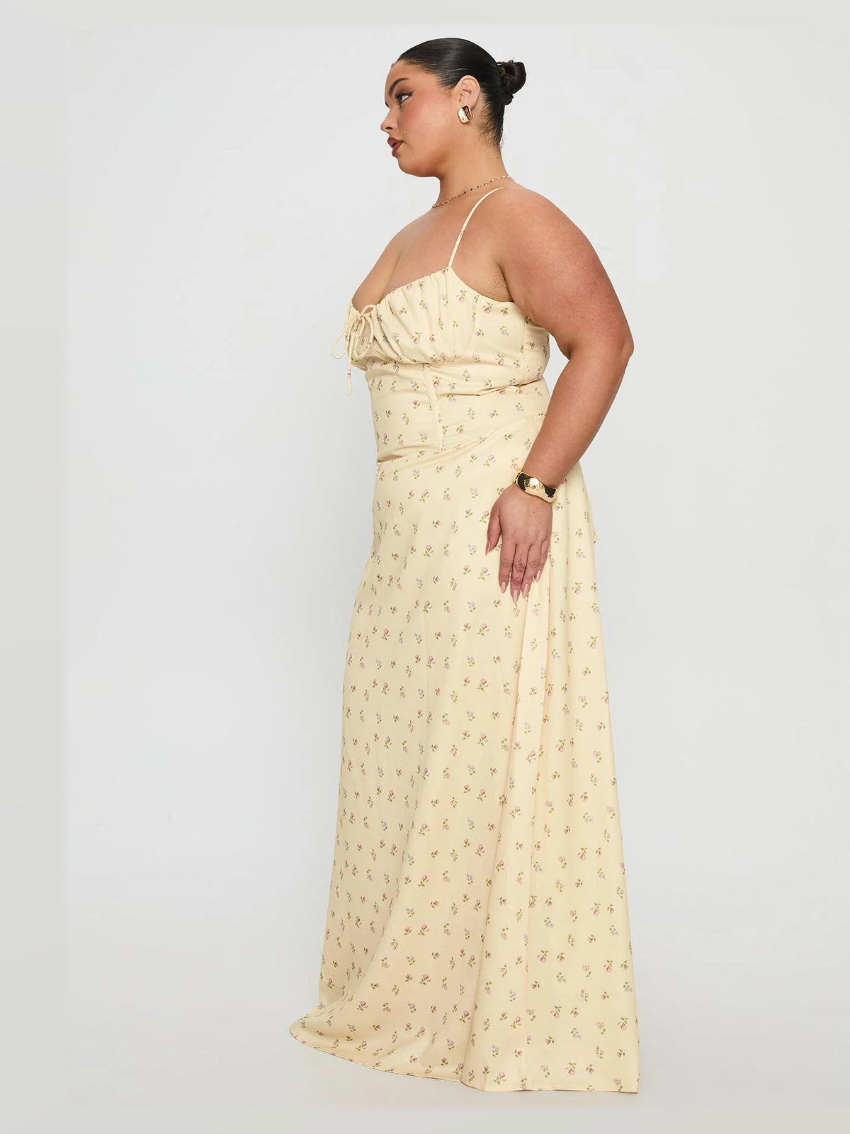 Yellow Floral formal dress with a-line detailing