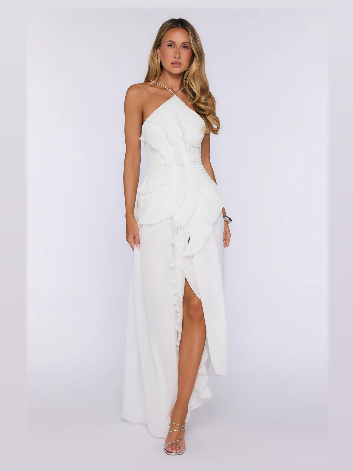 Peach formal dress with a-line detailing