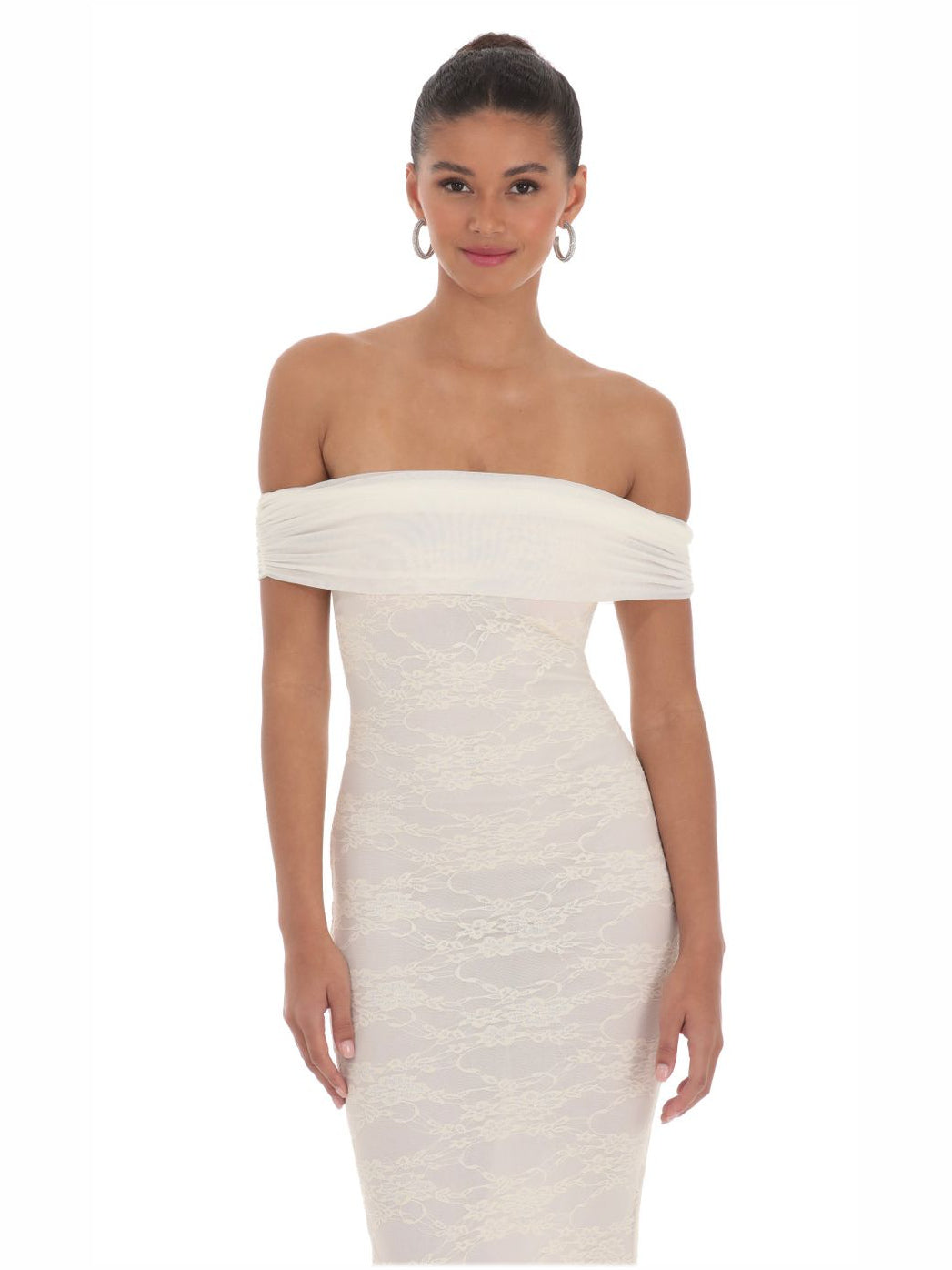 Cream sheath maxi formal dress with off-the-shoulder neckline, alternate view showing the waist