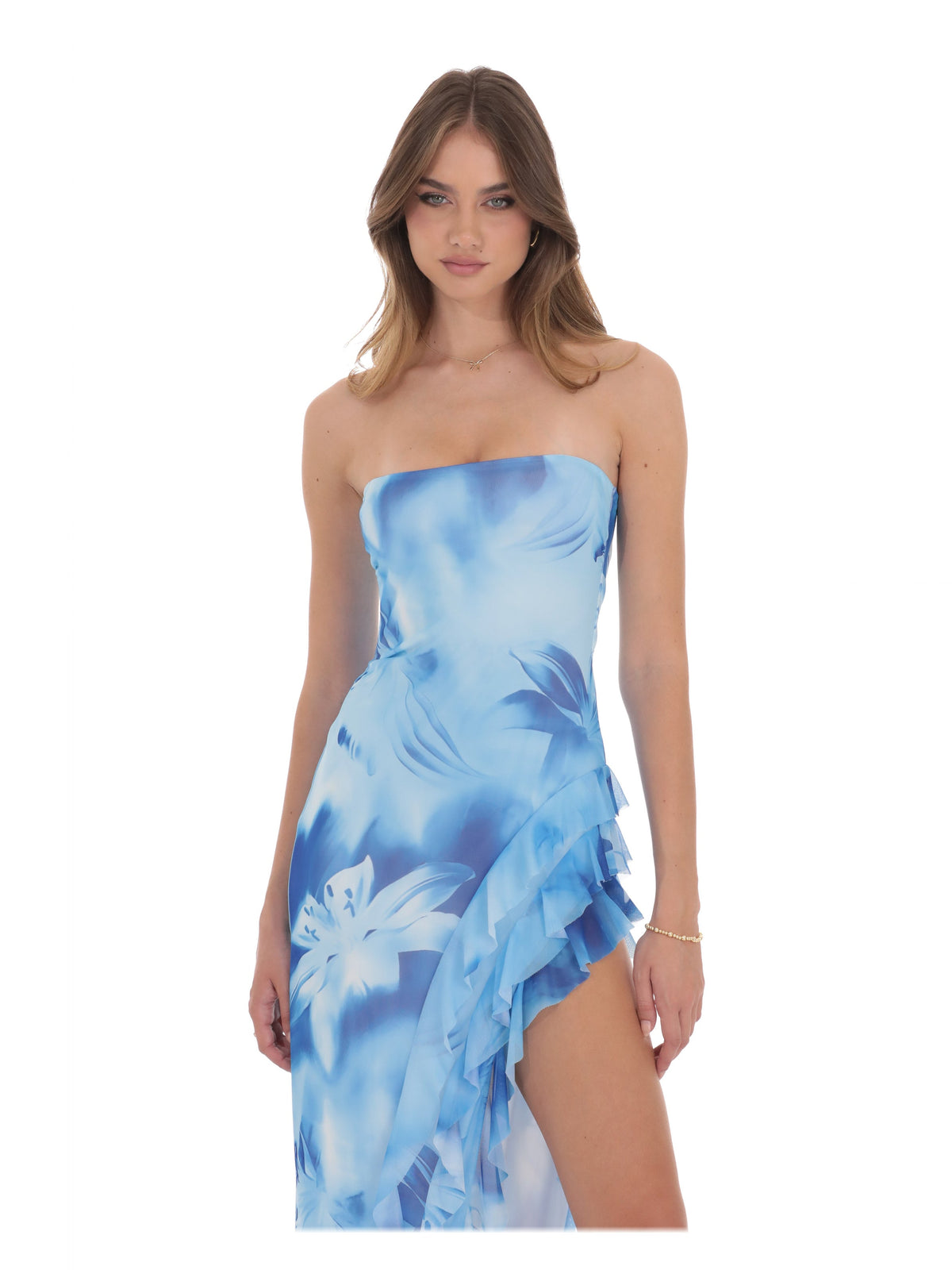 Blue bridesmaid dress with ruffled detailing