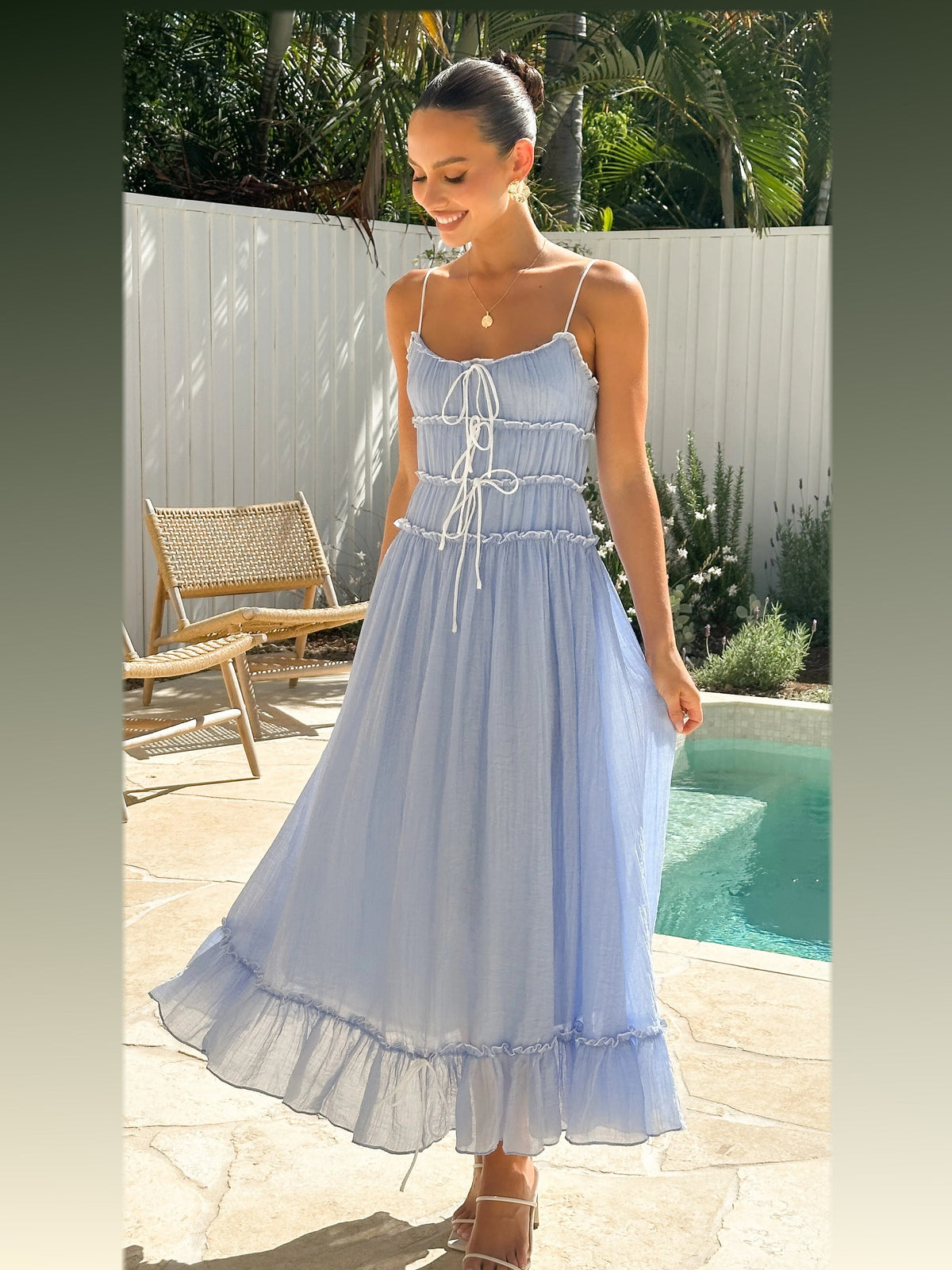 Light Blue midi formal dress, alternate full-length view showing the skirt