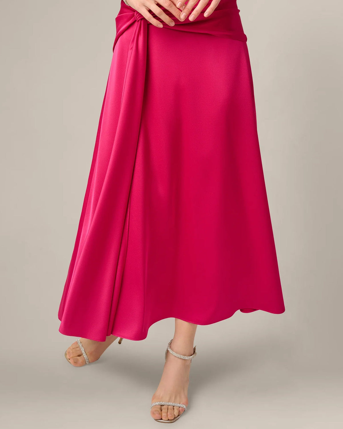 Bright rose A-line maxi skirt with waist drape and gathered folds