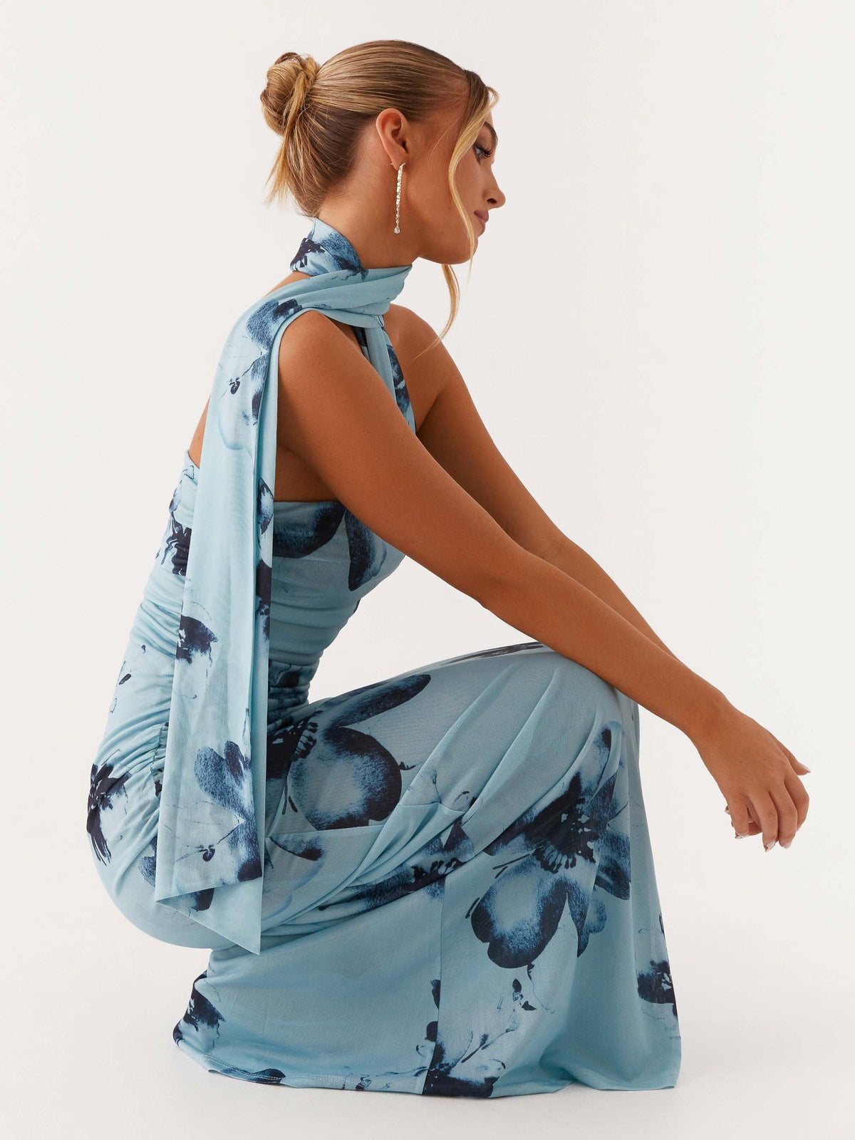 Blue Black Floral sheath maxi formal dress with floral print, alternate full-length view showing the waist