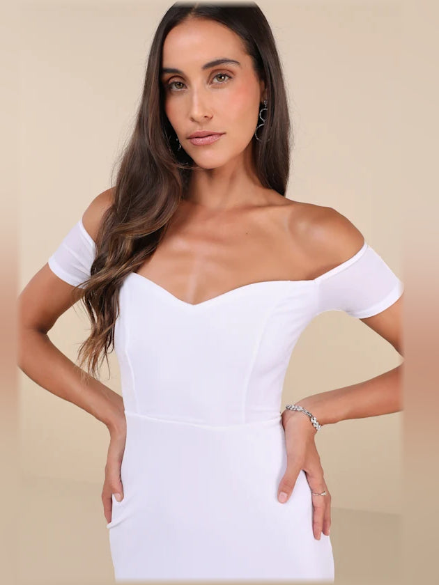 White off-shoulder velvet midi dress close-up: V neckline and short sleeves