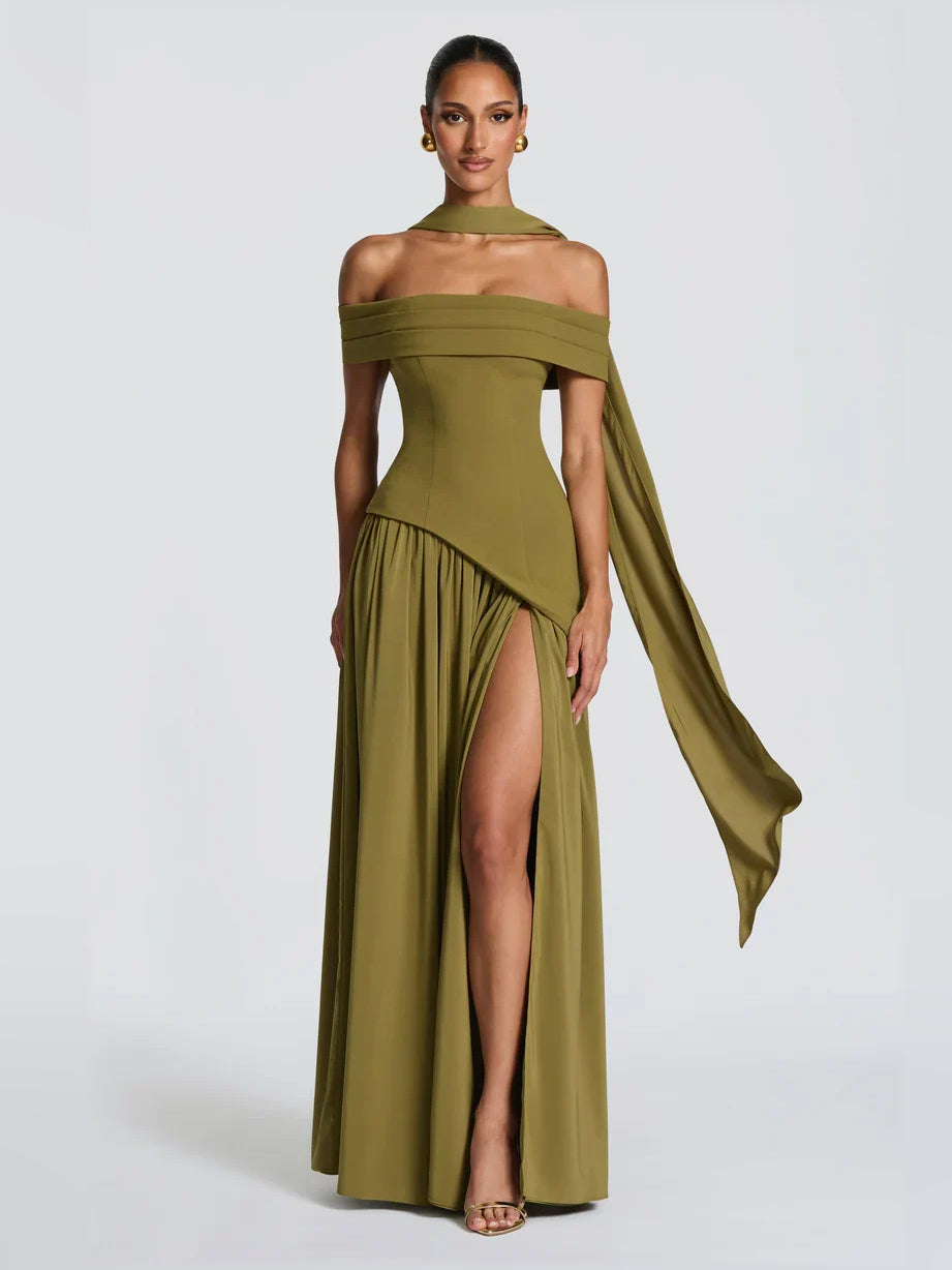 Olive green off-shoulder pleated floor-length dress with side sash and high slit