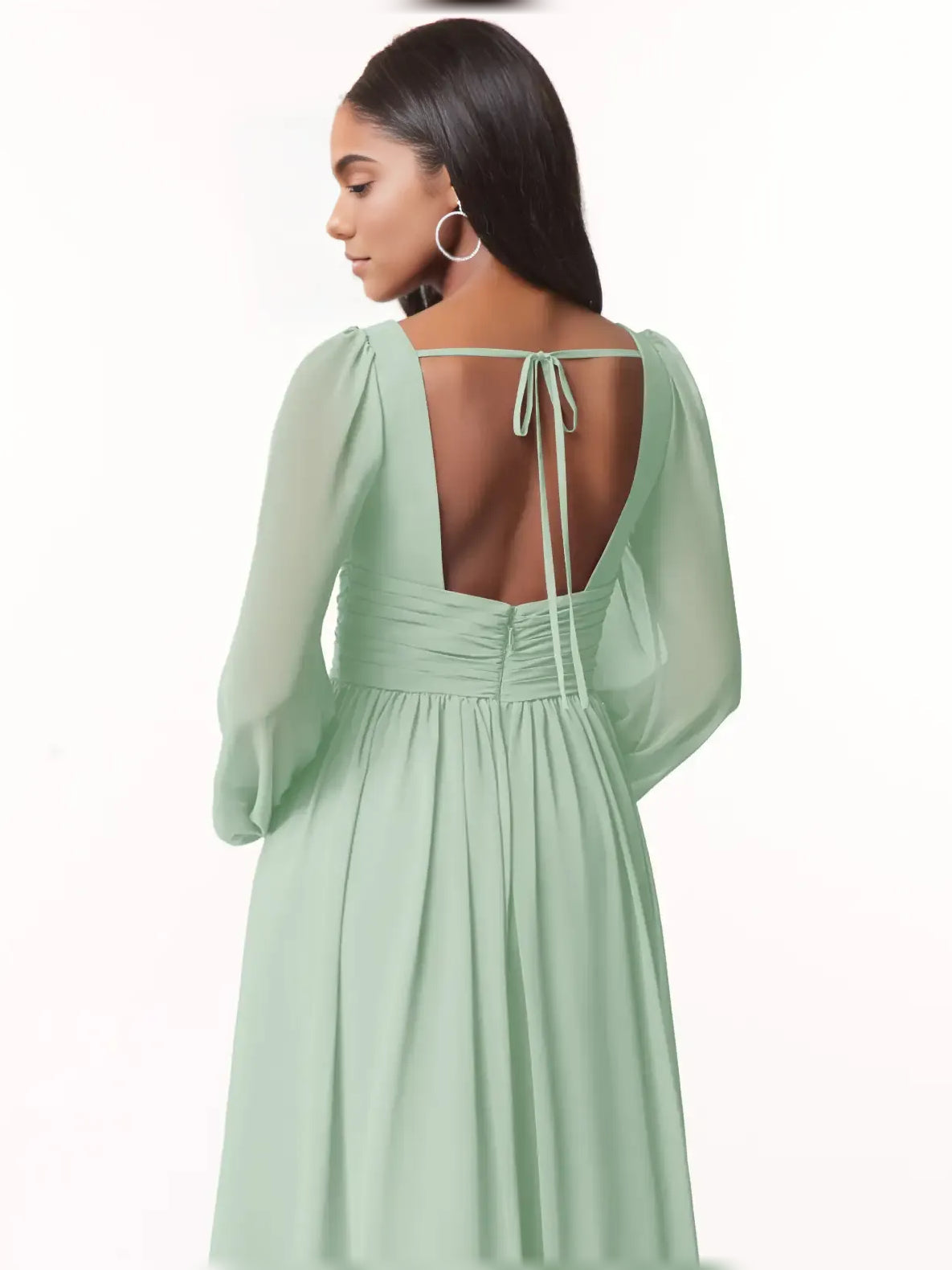 Dusty sage chiffon bridesmaid dress back view, open square back with lace-up tie.