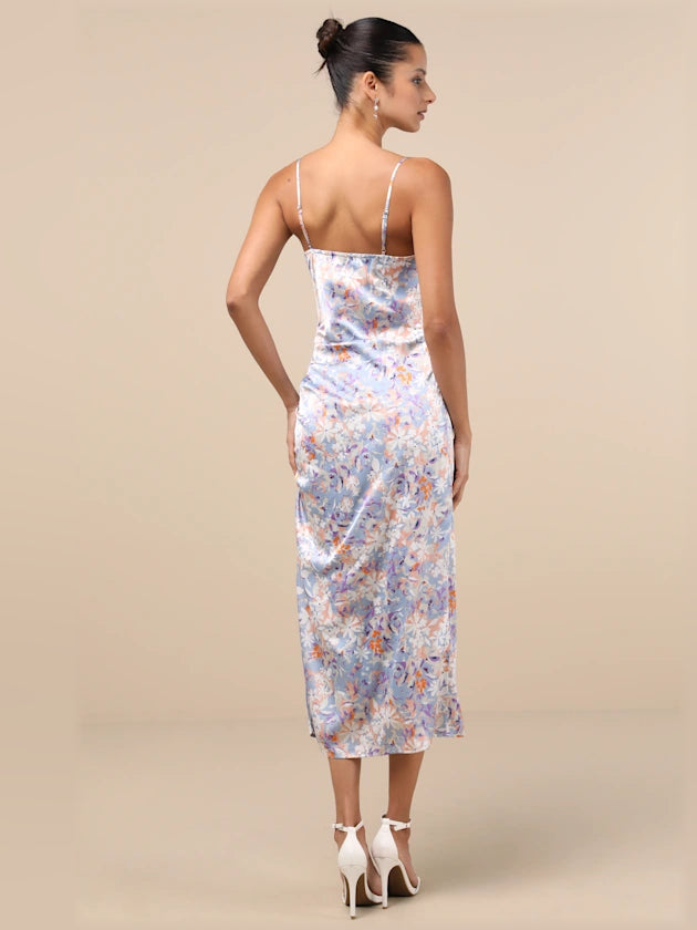 Back view of floral print ruched midi formal dress with thin spaghetti straps
