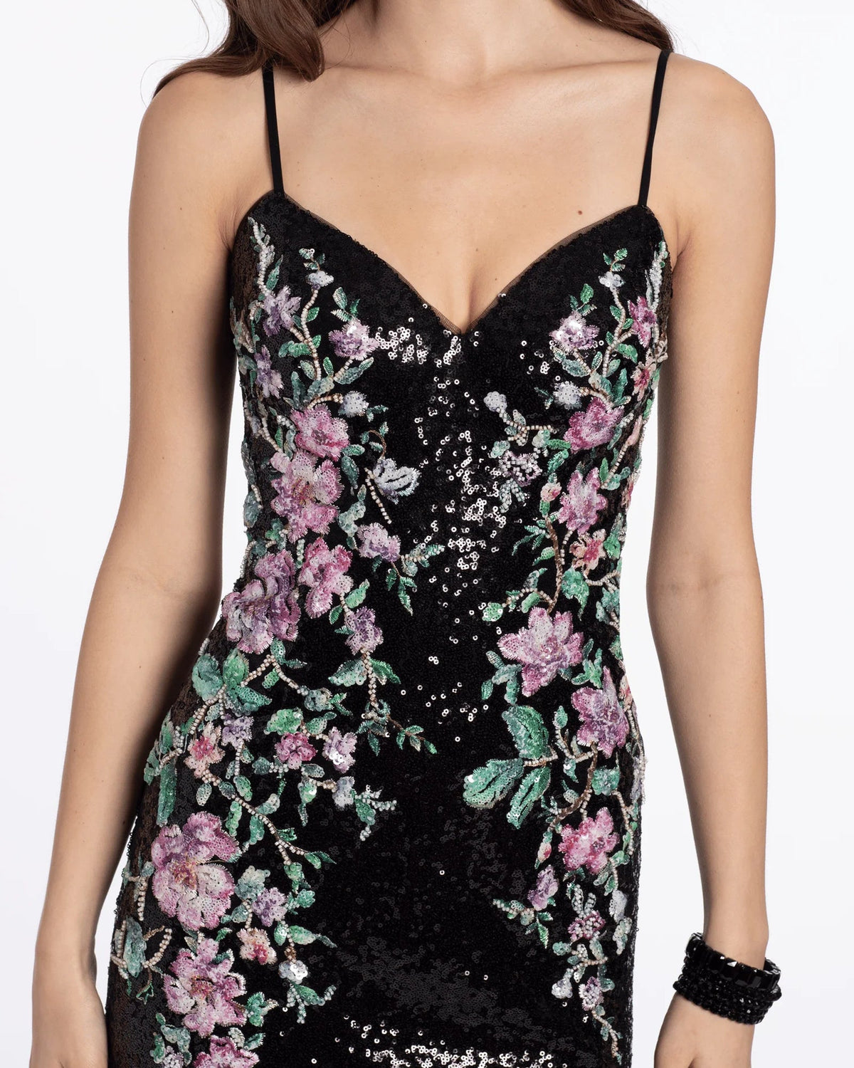 Black sequin sweetheart bodice with pink and green floral embellishment, thin straps