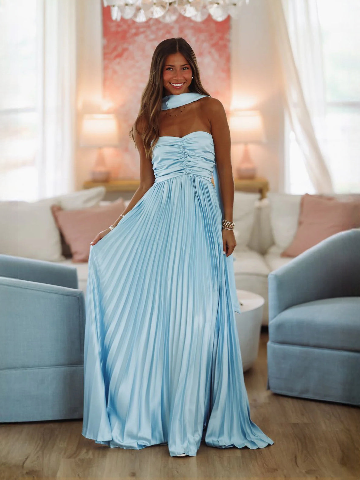 Light Blue a-line maxi formal dress with ruching, alternate full-length view