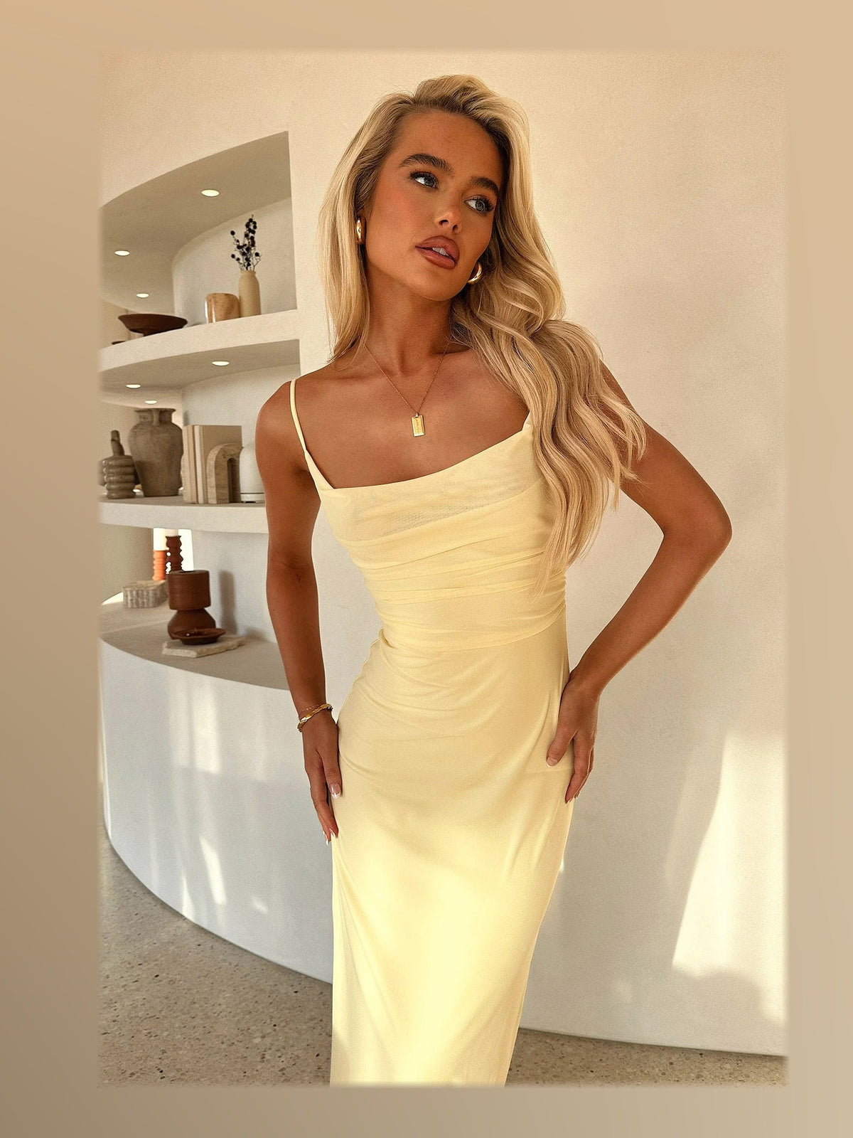 Yellow maxi formal dress, alternate full-length view showing the skirt
