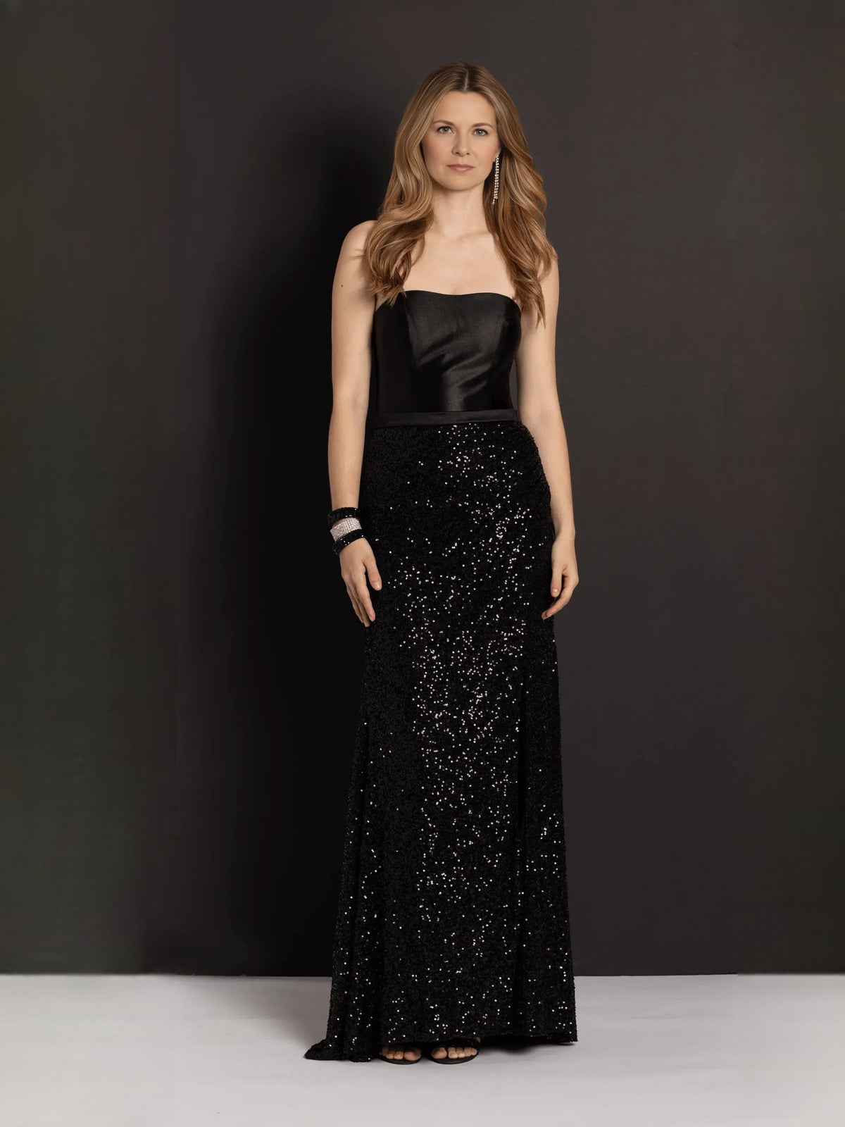 Black strapless satin bodice and sparkly sequin mermaid skirt