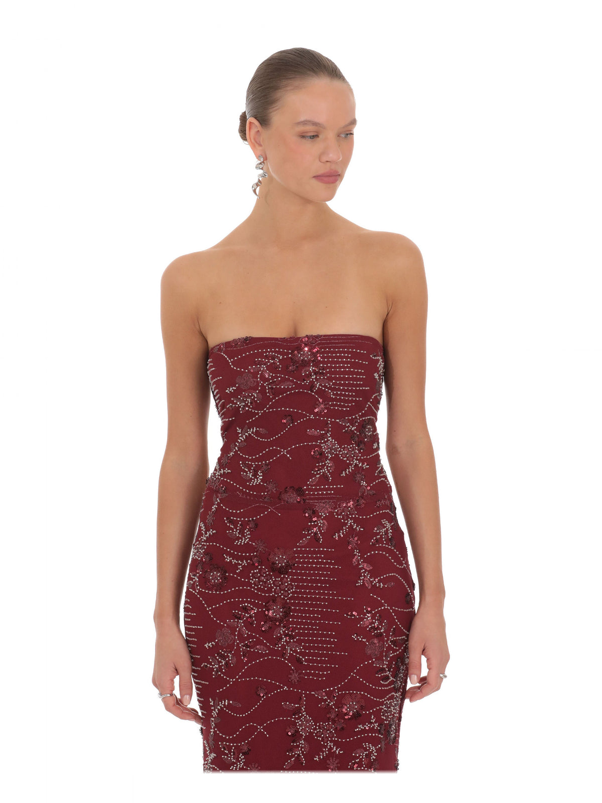 Burgundy bridesmaid dress with a-line detailing