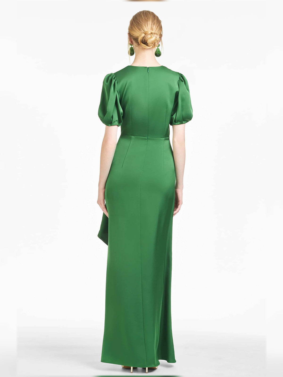 Green V-neck puff-sleeve ruffle maxi formal dress, back view with vertical seams