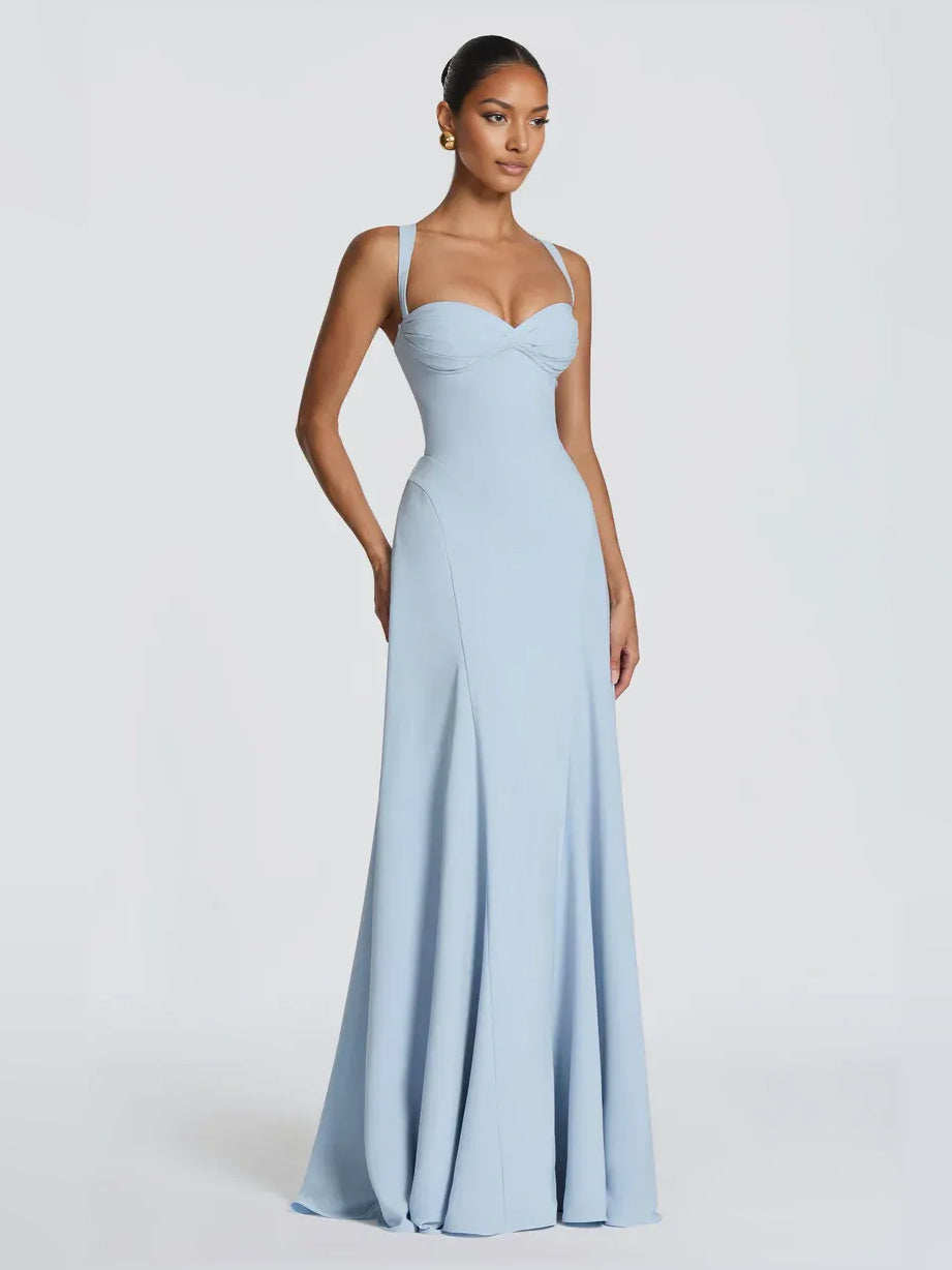 Light blue sweetheart corset A-line formal dress, fitted waist, floor-length skirt
