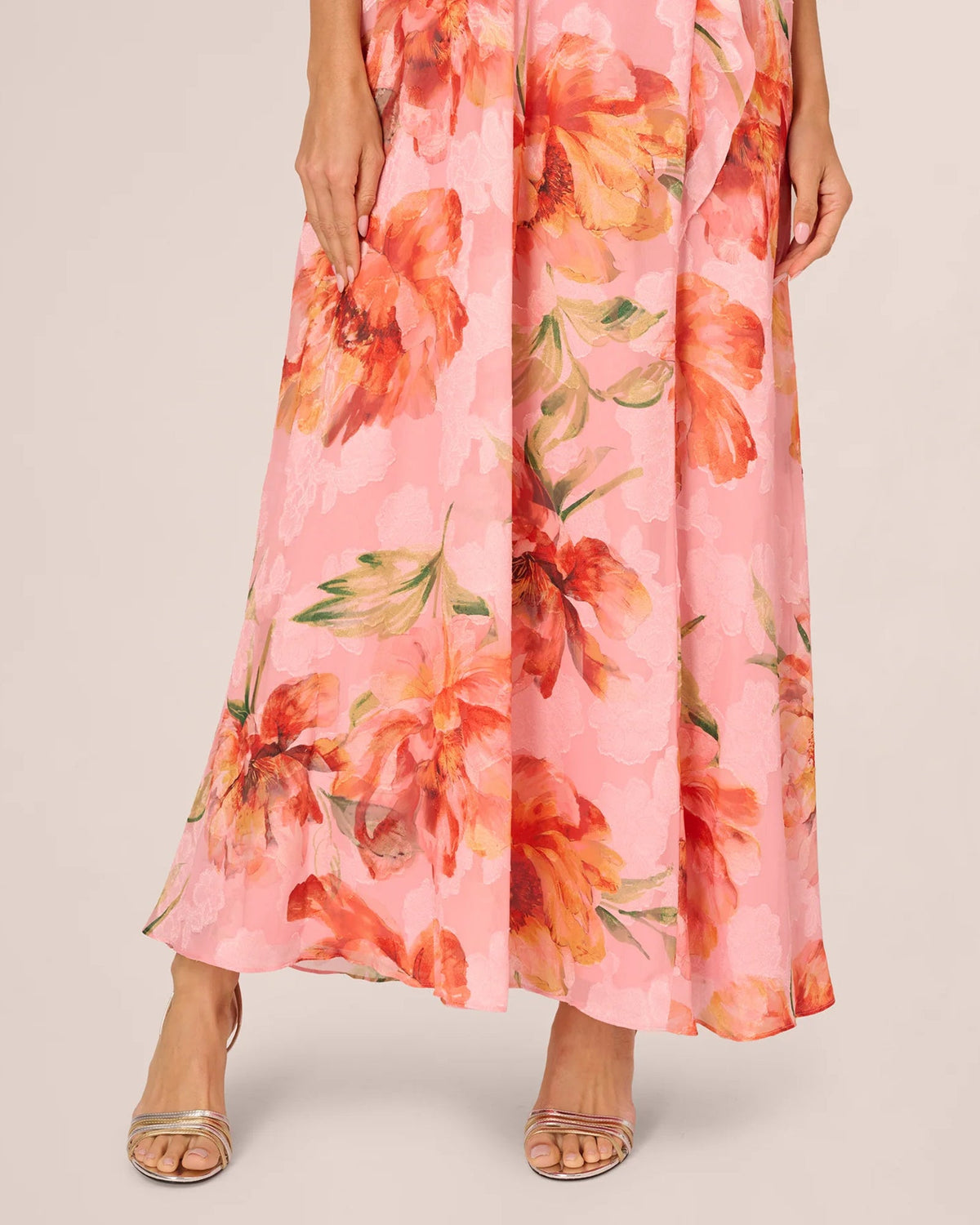 Pink floral print halter maxi skirt with flowing A-line drape