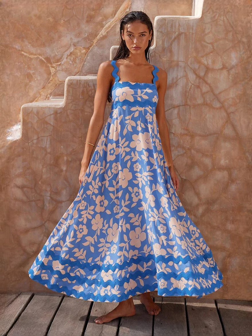 Blue Peach Floral Print a-line maxi formal dress with square neckline, alternate full-length view showing the waist
