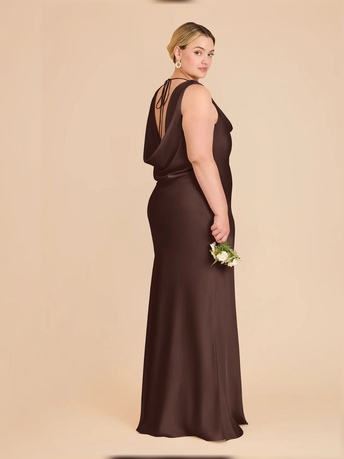 Espresso brown satin maxi dress, open back tie detail, sleeveless fitted bodycon
